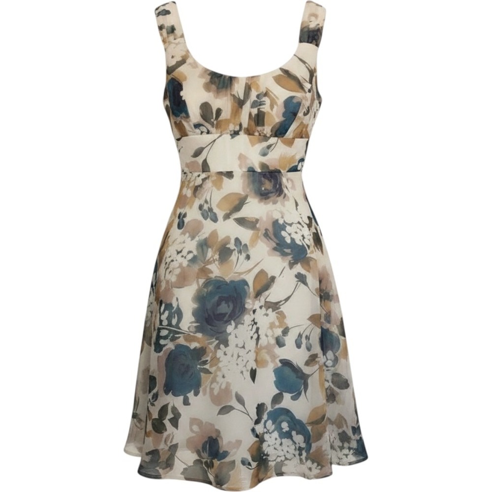 Dressbarn Fit and Flare Dress Floral Chiffon Watercolor Blue Tan 4 Wedding Guest